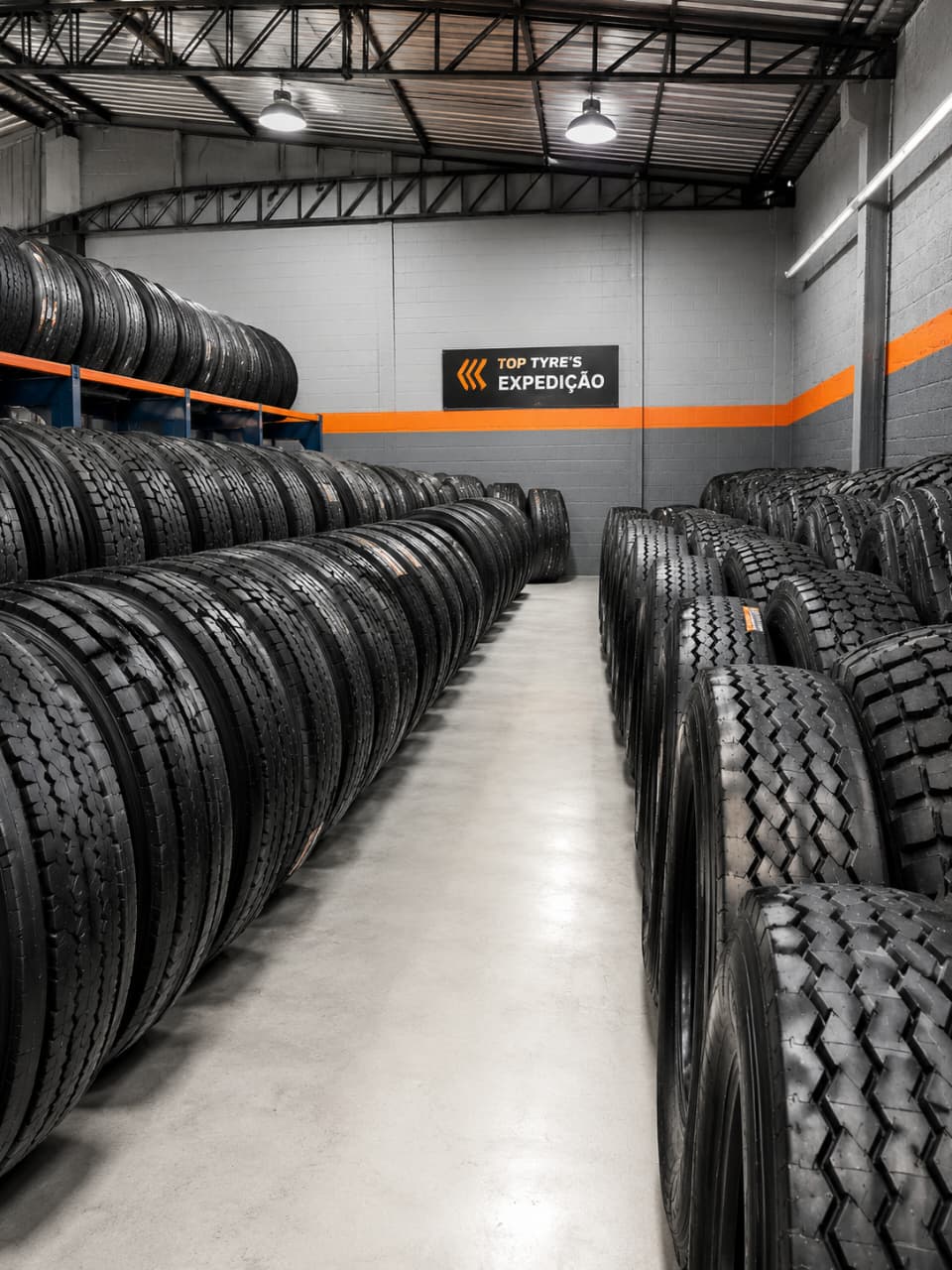 Galpão de expedição da Top Tyre's com pneus recapados organizados